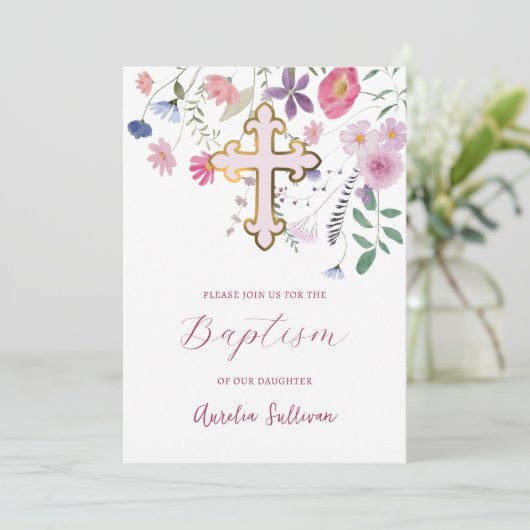 Invitation Baptême fleur sauvage frais (Debout devant)