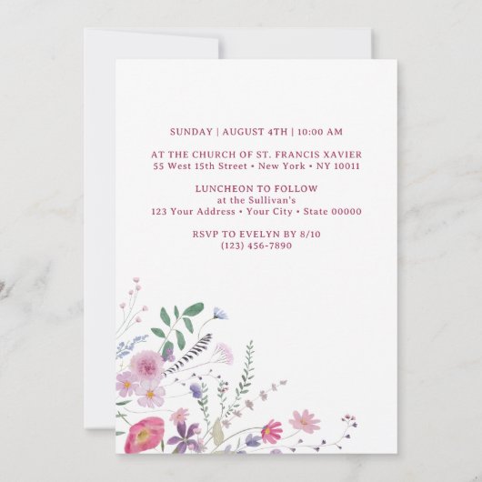 Invitation Baptême fleur sauvage frais (Dos)