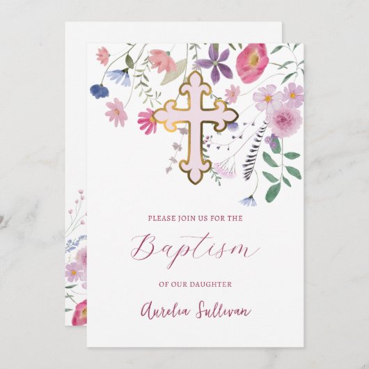 Invitation Baptême fleur sauvage frais (Devant / Derrière)