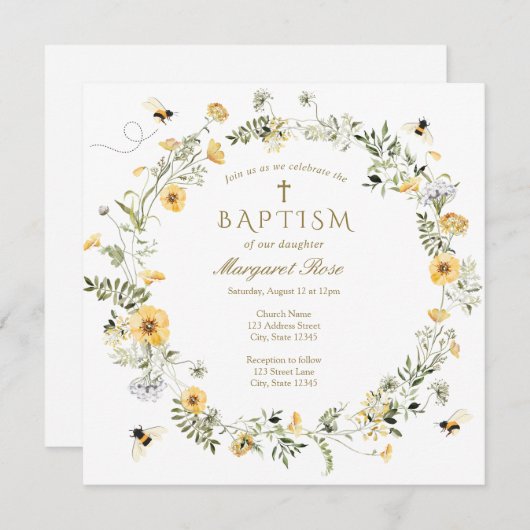 Invitation Baptême Fleur sauvage Jaune (Devant / Derrière)