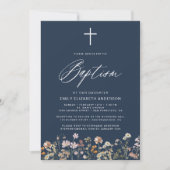 Invitation Baptême Fleur sauvage Marine Bleu Script (Devant)