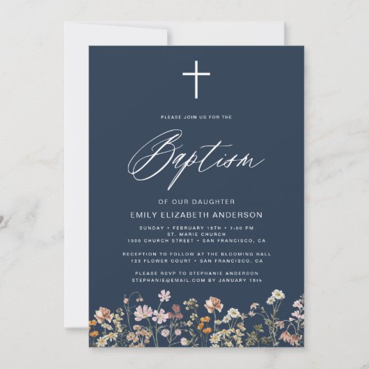 Invitation Baptême Fleur sauvage Marine Bleu Script (Devant)