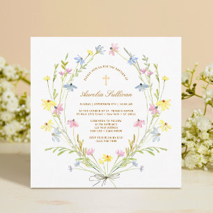 Invitation Baptême Fleur sauvage Pastel