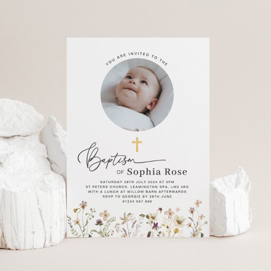 Invitation Baptême Fleur sauvage photo ronde