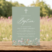 Invitation Baptême Fleur sauvage Sage Green Script