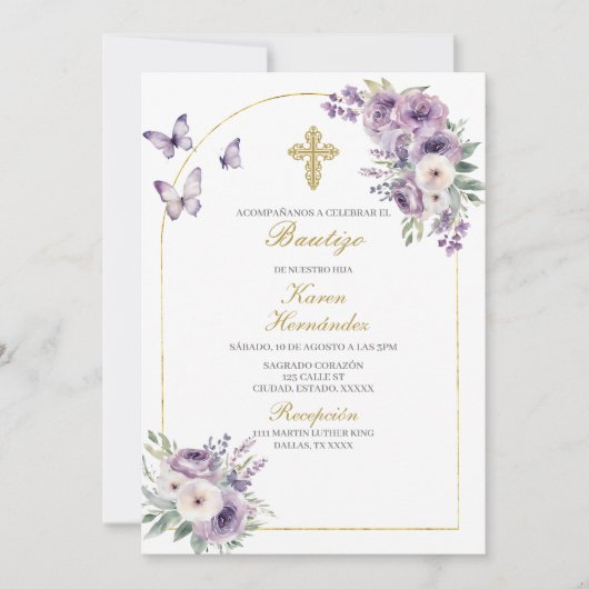 Invitation Baptême fleuri violet espagnol (Devant)