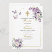 Invitation Baptême fleuri violet espagnol (Devant / Derrière)