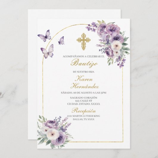 Invitation Baptême fleuri violet espagnol (Devant / Derrière)