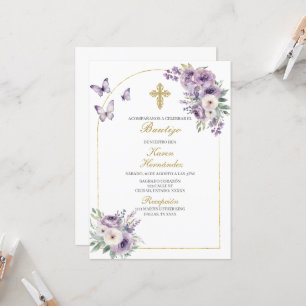 Invitation Baptême fleuri violet espagnol