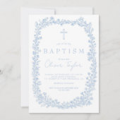 Invitation Baptême Fleurie Toile Bleu Clair (Devant)