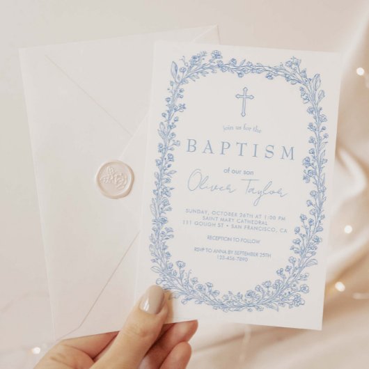 Invitation Baptême Fleurie Toile Bleu Clair