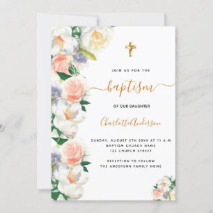 Invitation Baptême fleurons couleur eau rose blanc élégant