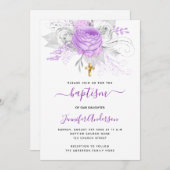 Invitation Baptême fleurons violets fille élégant blanc (Devant / Derrière)