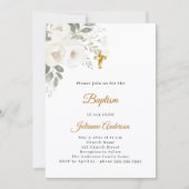 Invitation Baptême fleurs blanches croix dorée neutre (Devant)