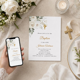 Invitation Baptême fleurs blanches croix dorée neutre