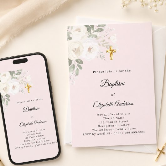 Invitation Baptême fleurs blanches rose fille
