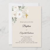 Invitation Baptême fleurs champagne fille croix (Devant)