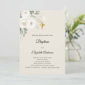 Invitation Baptême fleurs champagne fille croix (Debout devant)