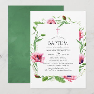 Invitation Baptême Fleurs de Pavot Rose Aquarelle