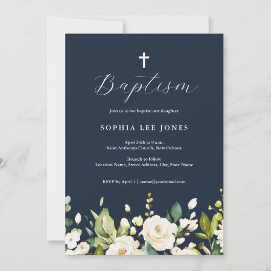Invitation Baptême Fleurs Neutres Aquarelle Navy (Devant)