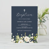 Invitation Baptême Fleurs Neutres Aquarelle Navy (Debout devant)