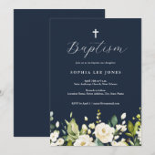 Invitation Baptême Fleurs Neutres Aquarelle Navy (Devant / Derrière)