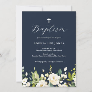 Invitation Baptême Fleurs Neutres Aquarelle Navy