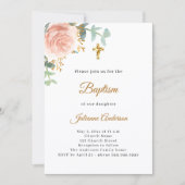 Invitation Baptême fleurs roses fille croix dorée (Devant)
