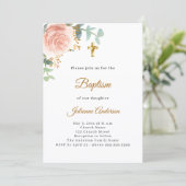 Invitation Baptême fleurs roses fille croix dorée (Debout devant)