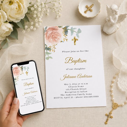 Invitation Baptême fleurs roses fille croix dorée