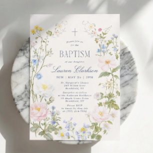 Invitation Baptême Fleurs Sauvages Épanouies Vintage