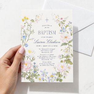 Invitation Baptême Fleurs Sauvages Épanouies Vintage