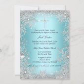 Invitation Baptême flocon de neige cristal argent bleu (Devant)