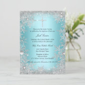 Invitation Baptême flocon de neige cristal argent bleu (Debout devant)