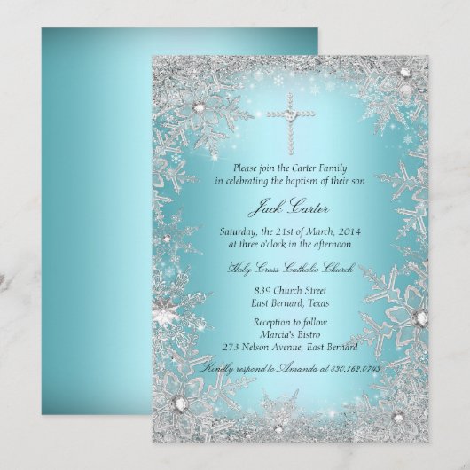 Invitation Baptême flocon de neige cristal argent bleu (Devant / Derrière)