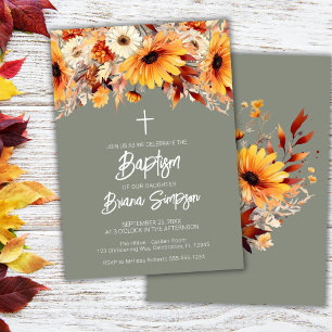 Invitation Baptême floral à automne vert