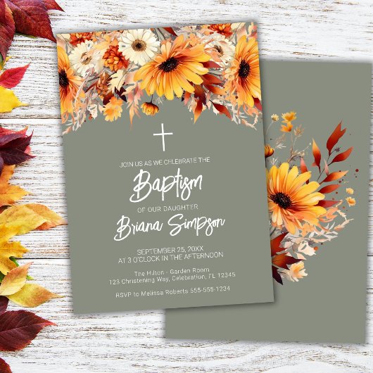 Invitation Baptême floral à automne vert
