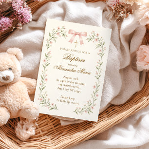 Invitation Baptême floral à ruban rayé rose tendre