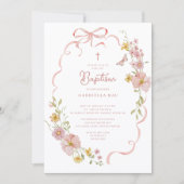 Invitation Baptême floral à ruban rose (Devant)