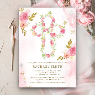 Invitation Baptême floral aquarelle rose doré
