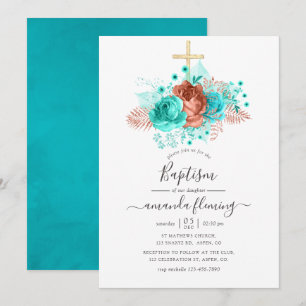 Invitation Baptême Floral Aquarelle Turquoise et Corail