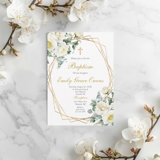 Invitation Baptême floral blanc