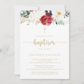 Invitation Baptême floral blanc bordeaux d'or classique (Devant)
