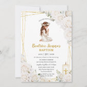 Invitation Baptême Floral Blanc Brisant Priant Fille (Devant)