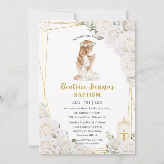 Invitation Baptême floral blanc chic Christening Prier Girl (Devant)