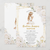 Invitation Baptême floral blanc chic Christening Prier Girl (Devant / Derrière)