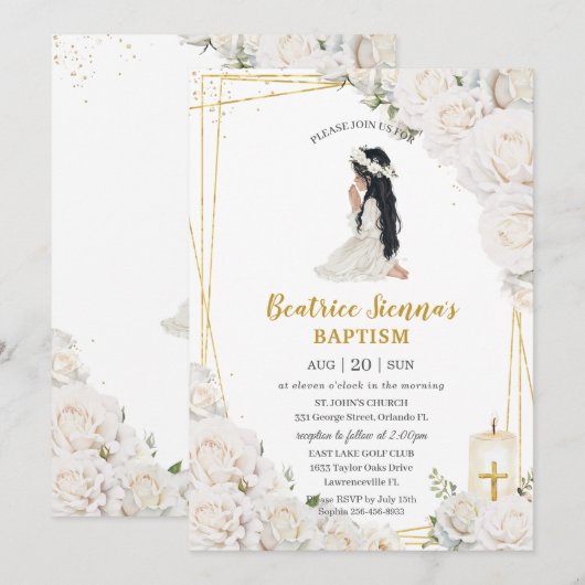 Invitation Baptême floral blanc chic Christening Prier Girl (Devant / Derrière)