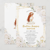 Invitation Baptême floral blanc chic Christening Prier Girl (Devant / Derrière)