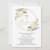 Invitation Baptême Floral Blanc Christening Gold Frame (Devant)