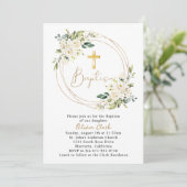 Invitation Baptême Floral Blanc Christening Gold Frame (Debout devant)